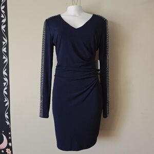Elegant Navy Blue Cocktail Dress with Embellished Sleeves